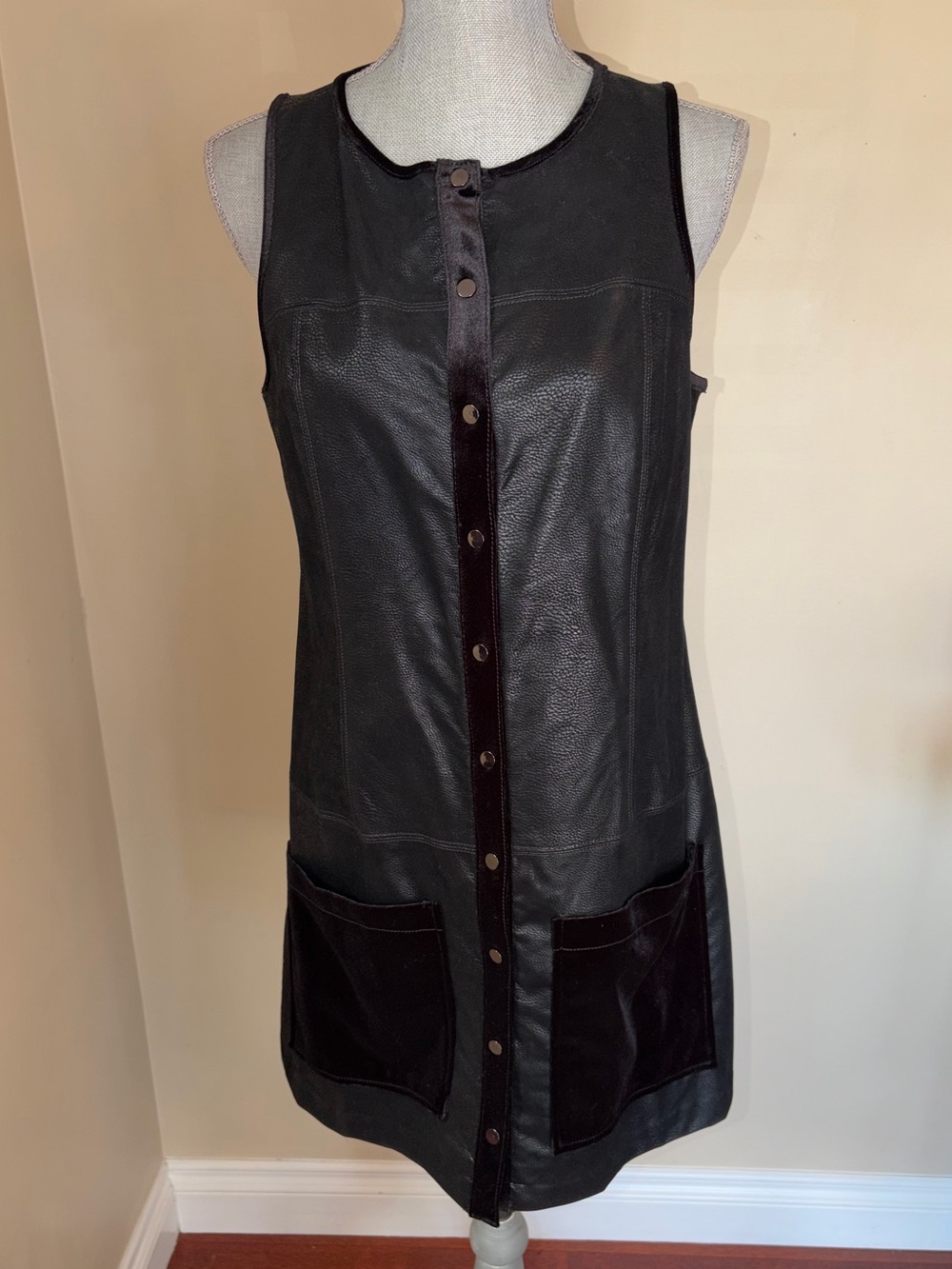 Vintage GUESS Faux Leather Shift Dress | Size 8 | Velvet Trim | Statement Piece